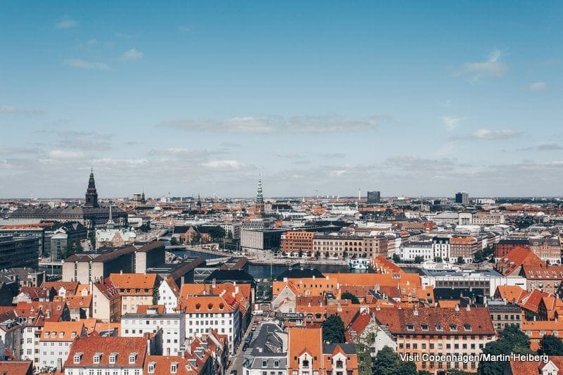 Copenhagen seen from above. Christiansborg to the right, Nationalbanken in fromt by the canals.